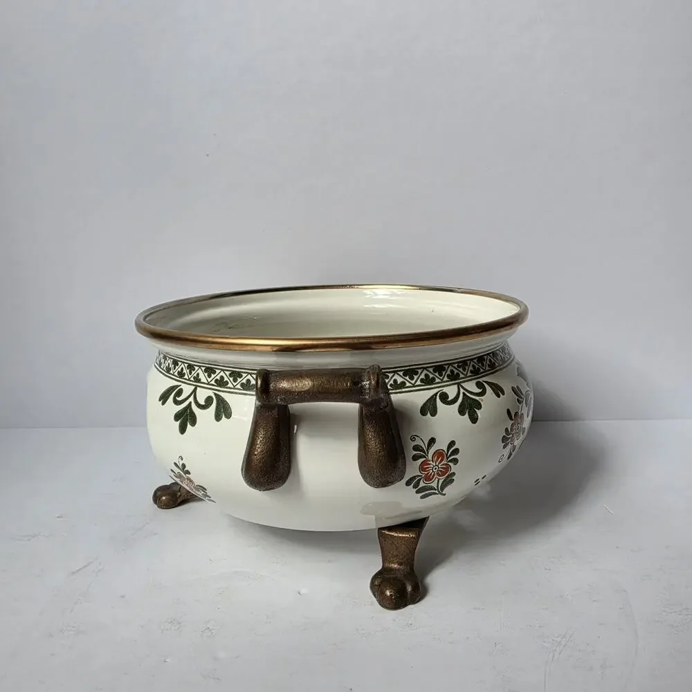 Vintage ASTA Germany Enamel Tea Kettle With Warmer Stand Floral Mid Century